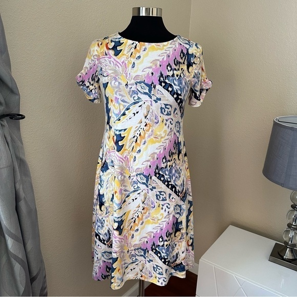 Chico's Floral Multicolor Twist Sleeve Jersey Knit T Shirt Mini Dress Size S - Picture 1 of 13